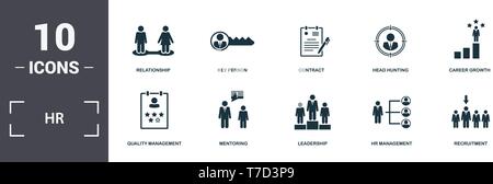 Human Resources icons set collection. Includes simple elements such as Relationship, Key Person, Contract, Head Hunting, Career Growth, Mentoring and  Stock Vector