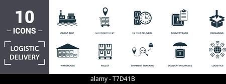 Logistics Delivery icons set collection. Includes simple elements such as Cargo Ship, Cargo Shipment, On Time Delivery, Delivery Pack, Packaging, Pall Stock Vector