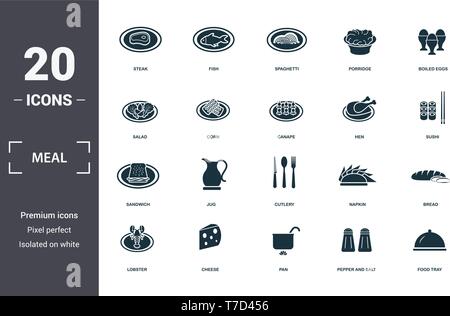 Meal icons set collection. Includes simple elements such as Steak, Fish, Spaghetti, Porridge, Boiled Eggs, Jug and Cutlery premium icons Stock Vector