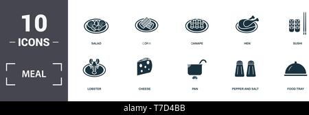 Meal icons set collection. Includes simple elements such as Salad, Corn, Canape, Hen, Sushi, Cheese and Pan premium icons Stock Vector