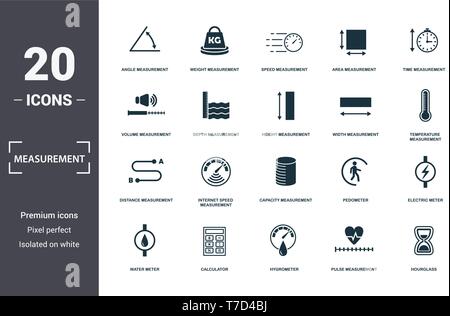 Measurement icons set collection. Includes simple elements such as Angle Measurement, Weight, Speed Measurement, Area Measurement, Time, Internet Spee Stock Vector