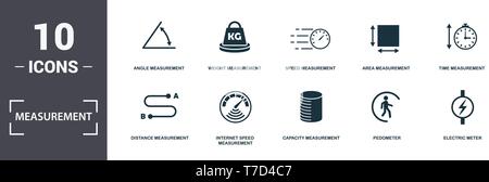 Measurement icons set collection. Includes simple elements such as Angle, Weight, Speed Measurement, Area Measurement, Time, Internet Speed Measuremen Stock Vector