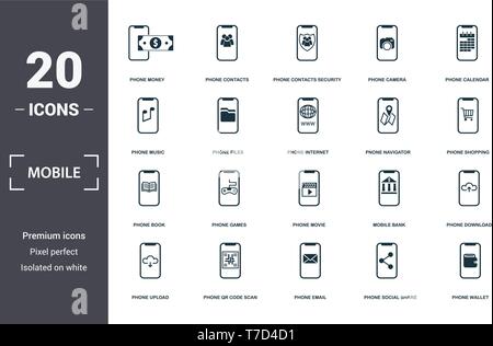 Mobile App icons set collection. Includes simple elements such as Phone Money, Phone Contacts, Phone Contacts Security, Camera, Calendar, Games and Ph Stock Vector