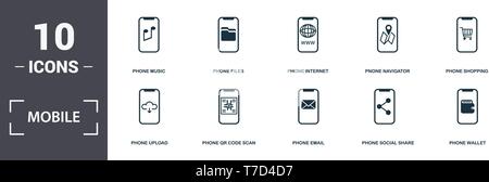 Mobile App icons set collection. Includes simple elements such as Phone Music, Phone Files, Internet, Pnone Navigator, Shopping, Phone Qr Code Scan an Stock Vector