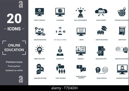 Online Education icons set collection. Includes simple elements such as Video Tutorials, E-Learning, Skill Development, Cloud Library, Distance Educat Stock Vector