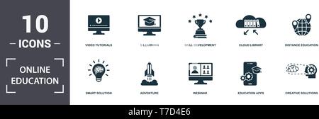 Online Education icons set collection. Includes simple elements such as Video Tutorials, E-Learning, Skill Development, Cloud Library, Distance Educat Stock Vector