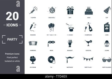 Party Icon icons set collection. Includes simple elements such as Flapper With Confetti, Disco Ball, Gift, Cake, Cap, Mask and Bouquet premium icons. Stock Vector