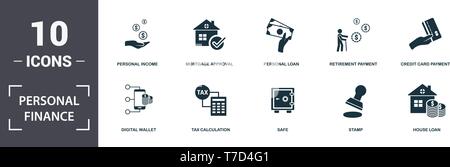 Personal Finance icons set collection. Includes simple elements such as Personal Income, Mortgage Approval, Personal Loan, Retirement Payment, Credit  Stock Vector