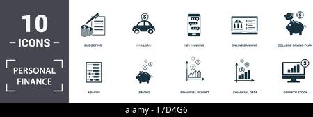 Personal Finance icons set collection. Includes simple elements such as Budgeting, Car Loan, Sms Banking, Online Banking, College Saving Plan, Saving  Stock Vector