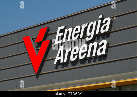 Logo of Energia Areena, indoor arena in Myyrmäki, Finland. Photo taken in April 2019 in Vantaa Finland Stock Photo