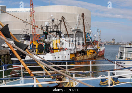 Pompey fishing fleet on Spice Island. A number of ocean going trawlers alongside in Camber Docks Portsmouth, Hampshire, England. Stock Photo