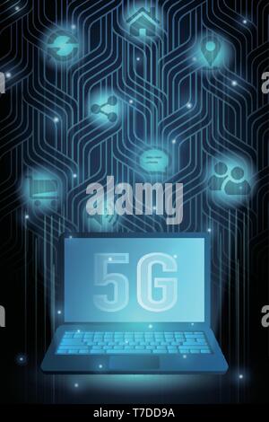 5G technology laptop and icons geometry cross frame line vector futuristic illustration template background with glowing dot. Concept of wireless high Stock Vector