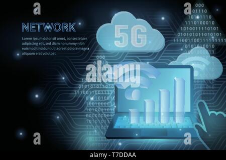 5G technology wifi cloud and laptop geometry cross frame line vector futuristic illustration template background with glowing dot. Concept of wireless Stock Vector