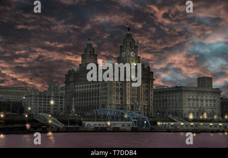 Liver Buildings Liverpool water front.Late afternoon Stock Photo