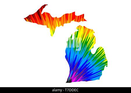 Michigan (United States of America, USA, U.S., US) - map is designed rainbow abstract colorful pattern, State of Michigan map made of color explosion, Stock Vector