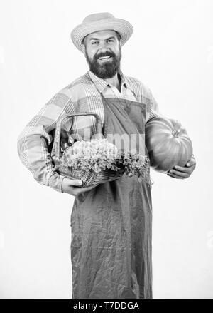 Bringing vegetables. man chef with rich autumn crop. bearded mature farmer. organic and natural food. happy halloween. harvest festival. seasonal vitamin food. Useful fruit and vegetable. Stock Photo