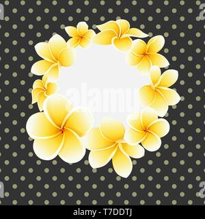 Vector golden frangipani or plumeria flower on polka dot background postcard Stock Vector