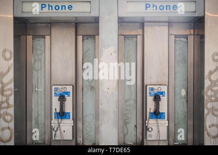 NEW YORK, USA - FEBRUARY 23, 2018: Old phone booths on the streets of Manhattan in New York Stock Photo