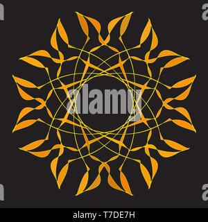 Golden glittering logo template in Celtic knots style on black background. Tribal symbol in circular mandala form. Gold ornament for jewelry design Stock Vector