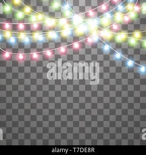 Garlands, Christmas decorations lights effects. Isolated vector design elements. Glowing lights for Xmas Holiday greeting card design. Colored led Stock Vector