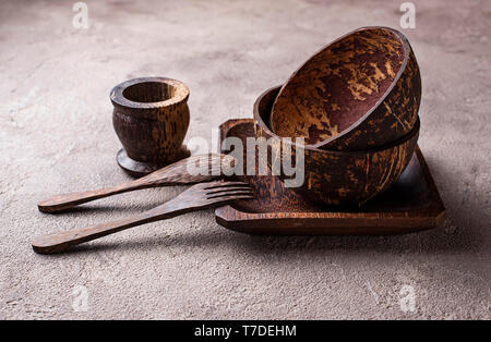 Bowls and plates  made from coconut shell Stock Photo