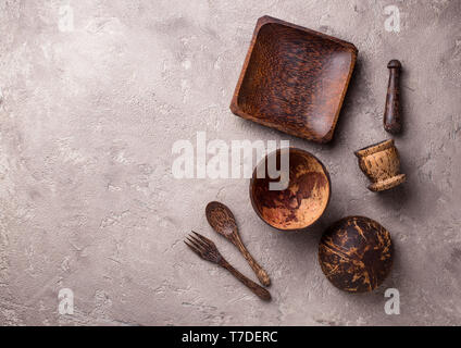 Bowls and plates  made from coconut shell Stock Photo