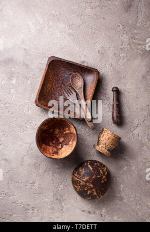 Bowls and plates  made from coconut shell Stock Photo