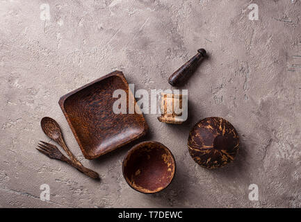 Bowls and plates  made from coconut shell Stock Photo