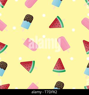Seamless background dessert with pink strawberry, blue hawaii chocolate and watermelon ice cream. Summer background for poster, postcard, banner, flye Stock Vector