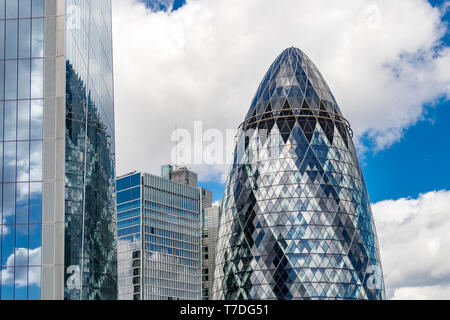 The Gherkin from The Garden at 120 , a roof garden in the City of London on the roof of Fen Court office building, London, UK Stock Photo