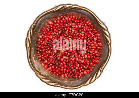 Lot of whole peruvian pink pepper in old iron bowl flatlay isolated on white background Stock Photo