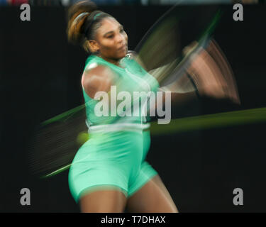 American tennis player Serena Williams playing during Australian Open 2019 tennis tournament, Melbourne Park, Melbourne, Victoria, Australia Stock Photo