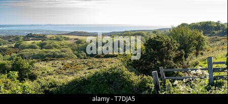 Newtown Viewpoint, views over Studland Bay, Isle of Purbeck,, Godlingston Heath, Poole Harbour. Dorset, UK. Spring Stock Photo