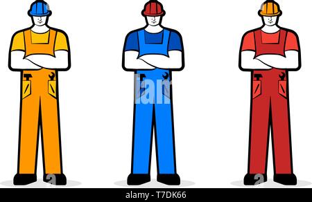 Male worker or builder in working clothes and construction helmet. Working concept. Vector illustration set Stock Vector