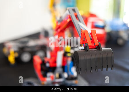 Valencia, Spain - April 3, 2019: Toy excavator made with Lego blocks. Stock Photo