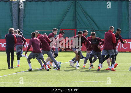 Liverpool, UK. 06th May, 2019. Liverpool players training. UEFA Champions league, Liverpool FC team training at Melwood, Liverpool FC's training ground in Liverpool on Monday 6th May 2019. the team are training ahead of tomorrow's match against Barcelona. this image may only be used for Editorial purposes. Editorial use only. pic by Chris Stading/Andrew Orchard sports photography/Alamy Live news Credit: Andrew Orchard sports photography/Alamy Live News Stock Photo