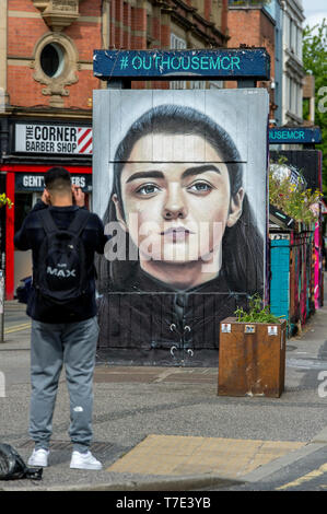 Manchester, UK. 7th May 2019. A new piece of street art has appeared in Stevenson Square in the Northern Quarter of Manchester, UK. The art work depicts the Game of Thrones character Arya Stark, played by actress Maisie Williams, and was created by artist Akse, the French-born street artist who has been living and working in Manchester since 1997. It's all part of outdoor public art project Outhouse MCR, which oversees the street art-rich part of the city centre. Credit: Paul Heyes/Alamy Live News