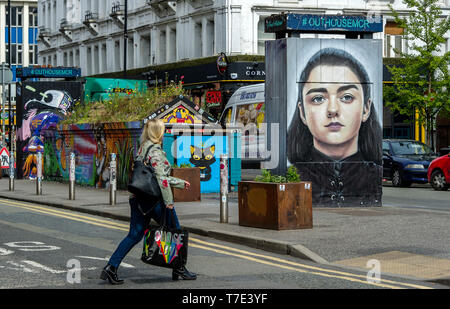 Manchester, UK. 7th May 2019. A new piece of street art has appeared in Stevenson Square in the Northern Quarter of Manchester, UK. The art work depicts the Game of Thrones character Arya Stark, played by actress Maisie Williams, and was created by artist Akse, the French-born street artist who has been living and working in Manchester since 1997. It's all part of outdoor public art project Outhouse MCR, which oversees the street art-rich part of the city centre. Credit: Paul Heyes/Alamy Live News