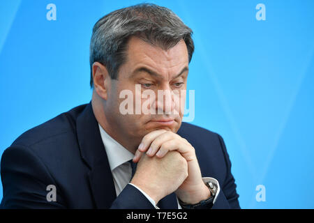 Markus SOEDER (State Premier of Bavaria and CSU Chairman), serious, single image, single image, portrait, portrait, portraits. Topic: Measures for the Prevention and Control of Antisewithism- Press Conference of the Bavarian State Government in the State Chancellery in Munich on 07.05.2019. | usage worldwide Stock Photo