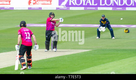 Brighton, UK. 7th May 2019 - Luke Wright of Sussex Sharks hits out but is caught out from this shot for 97 runs during the Royal London One-Day Cup match between Sussex Sharks and Glamorgan at the 1st Central County ground in Hove. Credit : Simon Dack / Alamy Live News Stock Photo