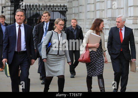 London, UK. 07th May, 2019. The Labour Party Brexit negotiating team on their way into the Cabinet Office in Westminster this afternoon. Left to right: Sir Keir Starmer, QC, MP, Shadow Secretary of State for Exiting the European Union, Shadow Business Secretary Rebecca Long-Bailey, MP, Shadow Environment Secretary Sue Hayman, MP, and John McDonnell, MP, Shadow Chancellor. Credit: Imageplotter/Alamy Live News Stock Photo