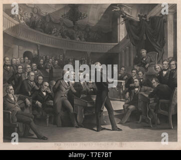 The United States Senate, A.D. 1850, Henry Clay Speaking about the Compromise of 1850 in the Old Senate Chamber, Drawn by P.F. Rothermel, engraved by R. Whitechurch, Published by John M. Butler and Alfred Long, 1855 Stock Photo