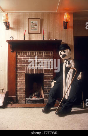 Decorative scarecrow as Charlie Chaplin, UK 1989 Stock Photo