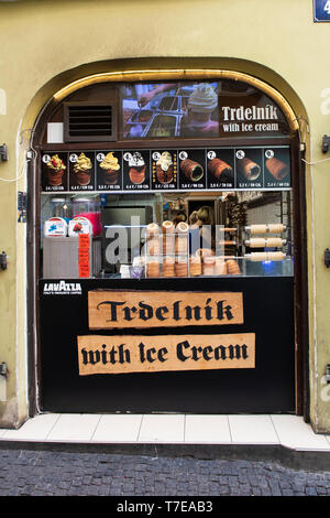 Fascade of aTrdelnik shop in Prague Stock Photo