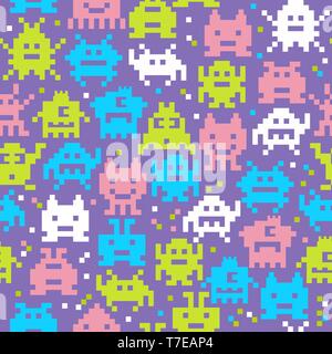 Set of cheerful and kind pixel monsters. Stock Vector