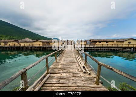 Lacustrine Bay of Bones Archaeologic museum built on platform of 10.000 wooden piles, Gulf of Bones, Ohrid lake, Macedonia Stock Photo