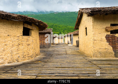 Lacustrine Bay of Bones Archaeologic museum built on a platform of 10.000 wooden piles, Houses, Ohrid lake, Macedonia Stock Photo