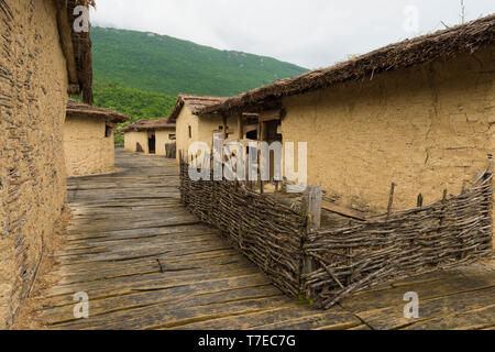 Lacustrine Bay of Bones Archaeologic museum built on a platform of 10.000 wooden piles, Houses, Ohrid lake, Macedonia Stock Photo