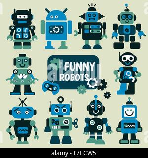 Funny robots set. 10 cheerful robots for design. Stock Vector