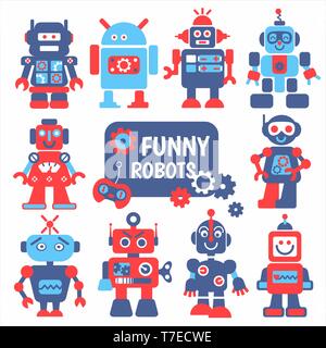 Funny robots set. 10 cheerful robots for design. Stock Vector